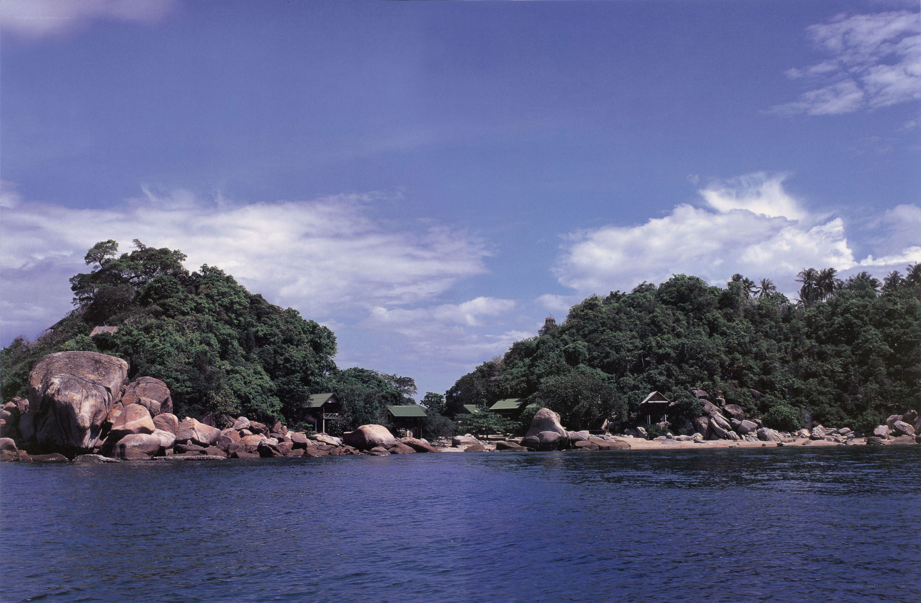tropical island with bungalows