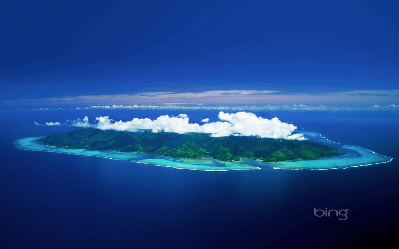 Tropical Island with Coral Reef — Blue, Serene, Afternoon, Photograph, Clouds