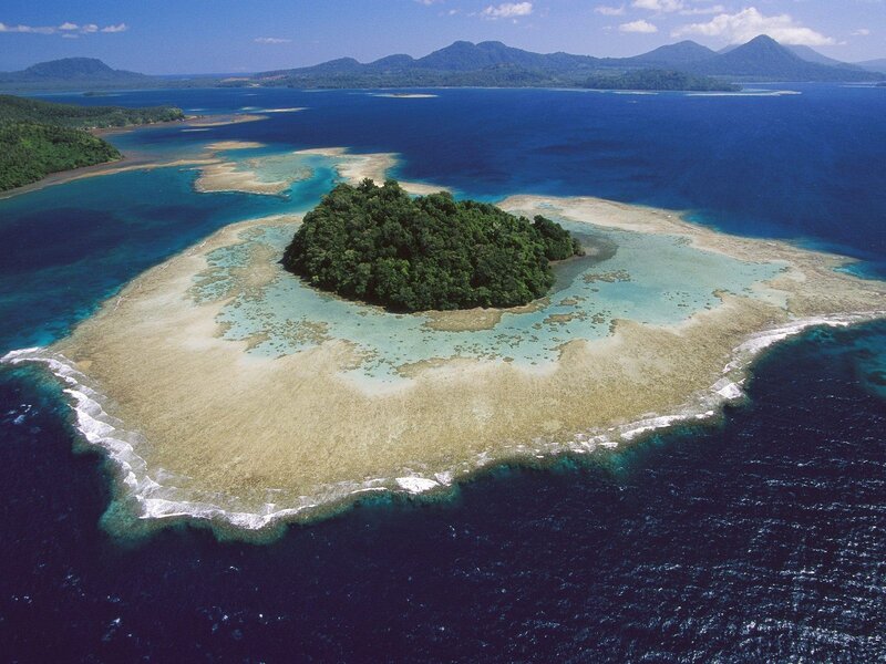 Tropical Island with Coral Reef — Blue, Serene, Afternoon, Photograph, Coral Reef, Ocean, Mountains