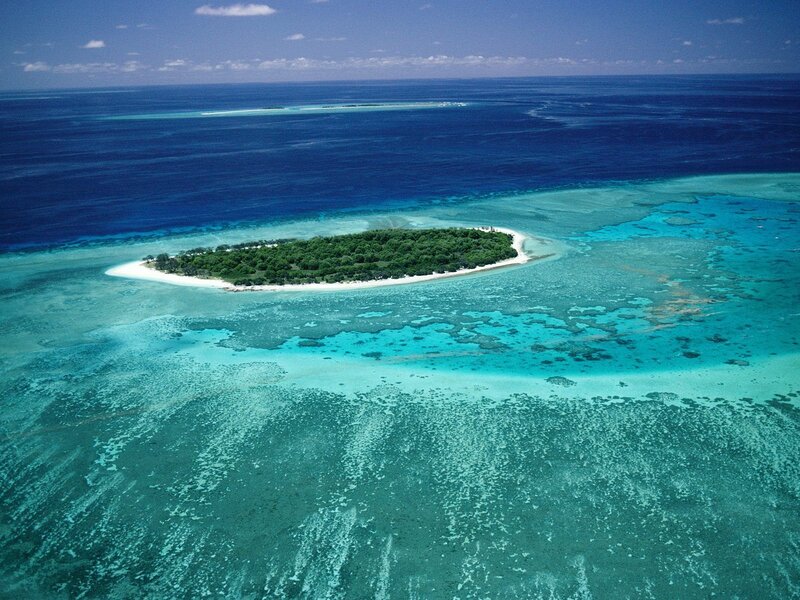 Tropical Island with Coral Reef — Blue, Serene, Afternoon