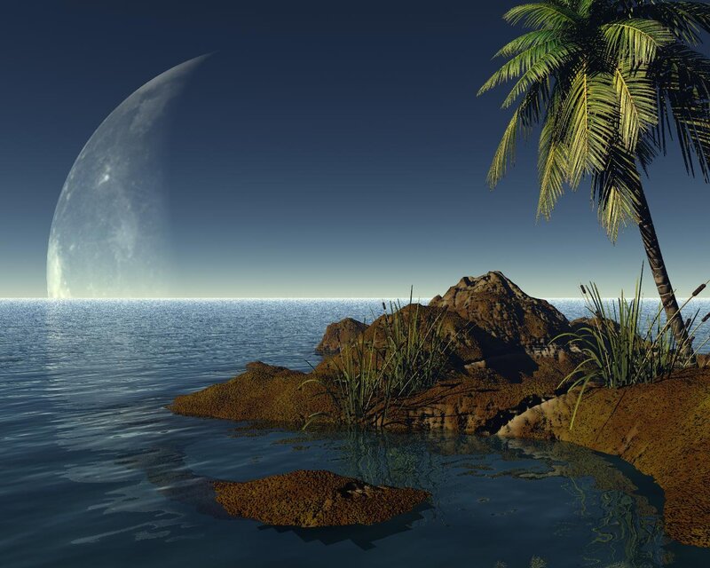 Tropical island with giant moon