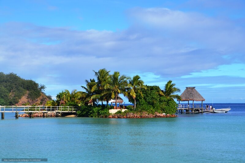 Tropical Island with Huts — Blue, Serene, Afternoon, Photograph, Palm Trees
