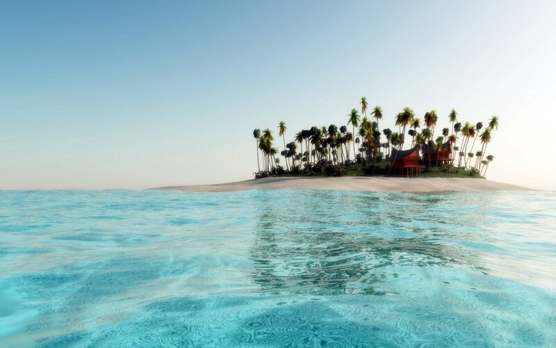 Tropical Island with Huts — Blue, Serene, Afternoon