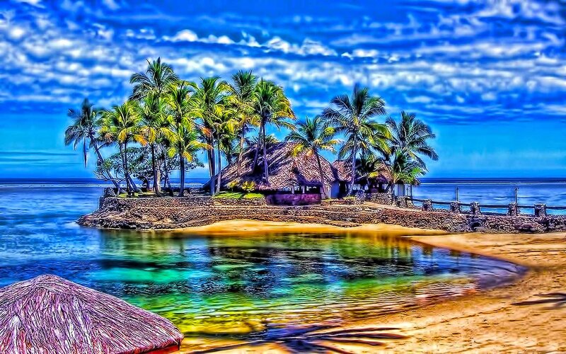 Tropical Island with Huts — Blue