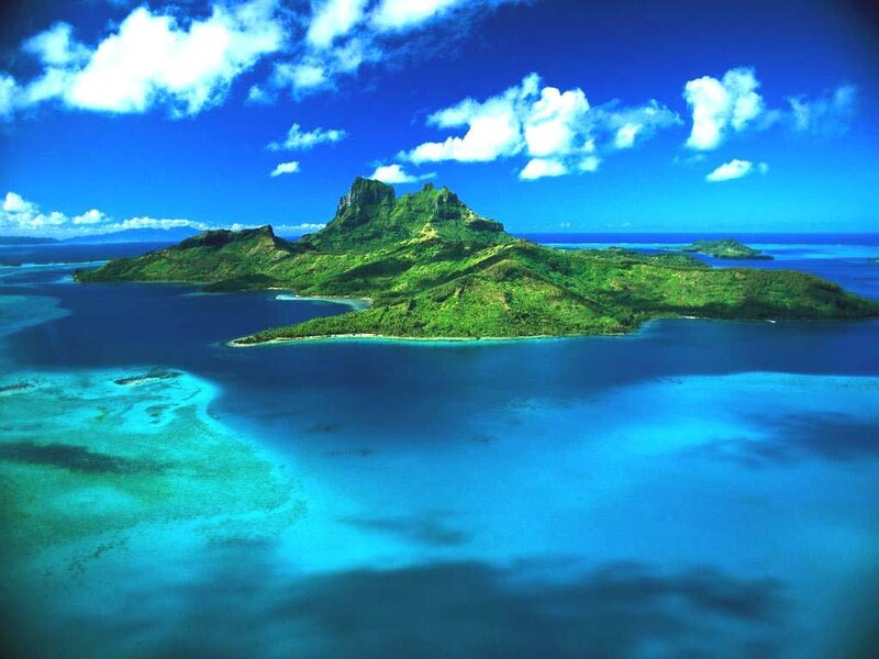 tropical island with lush green mountains
