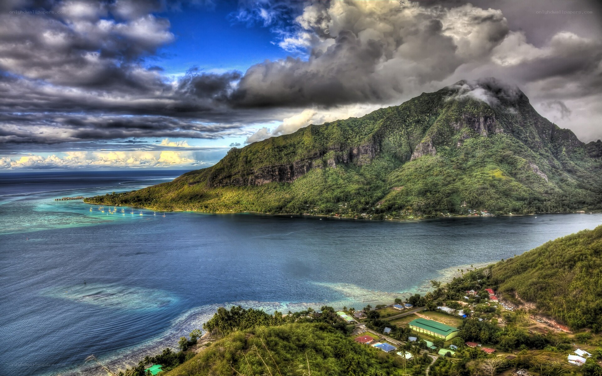 tropical island with lush mountains