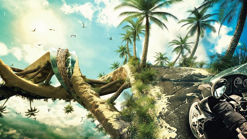 tropical island with motorcycle