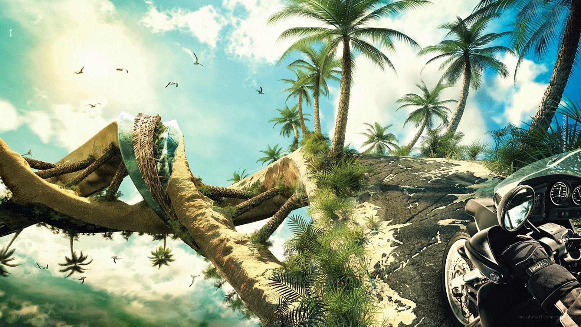 tropical island with motorcycle