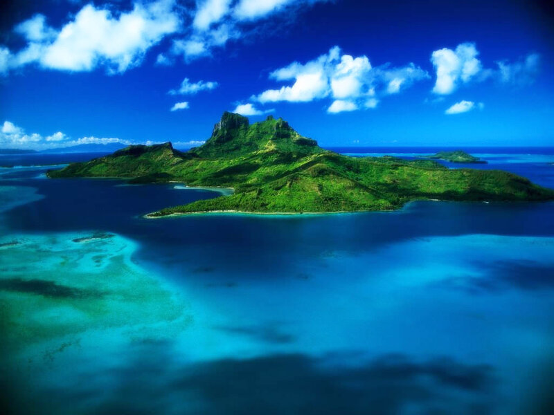 Tropical Island with Mountain — Blue, Serene, Afternoon, Photograph, Ocean, Clouds