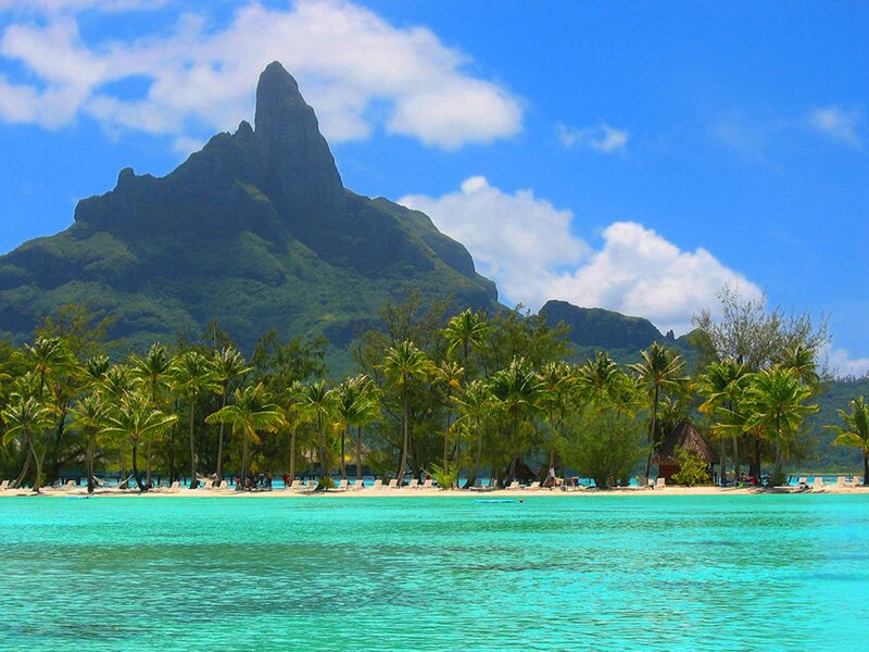 Tropical Island with Mountain — Blue, Serene, Afternoon, Photograph, Palm Trees