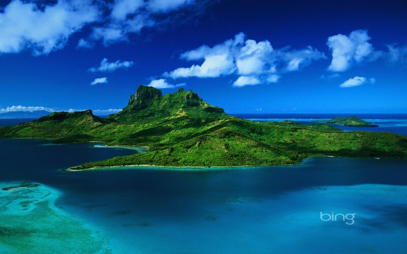 Tropical Island with Mountains — Blue, Serene, Afternoon, Photograph, Ocean, Clouds, Green, Bing
