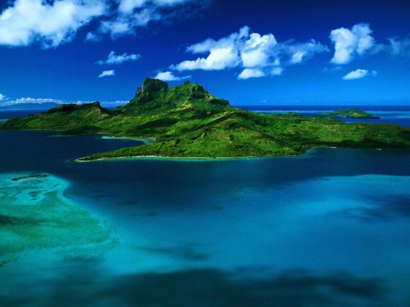 Tropical Island with Mountains — Blue, Serene, Afternoon, Photograph, Ocean, Clouds
