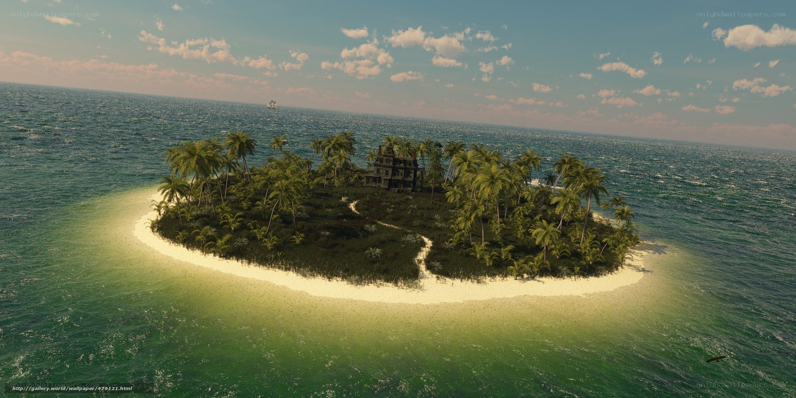 tropical island with old house