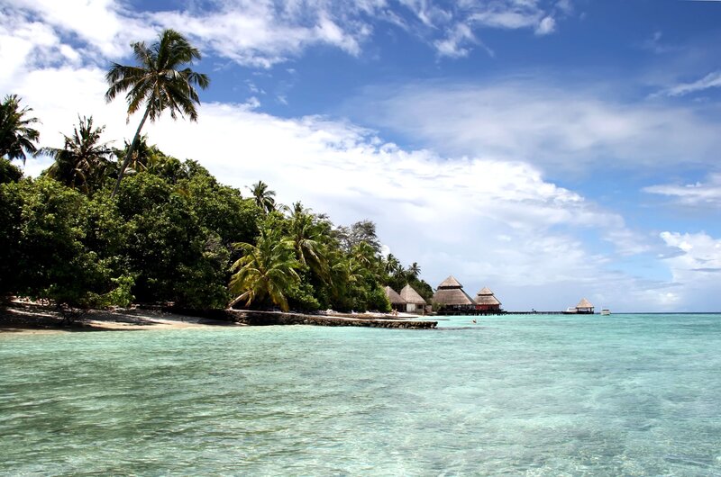 tropical island with overwater bungalows