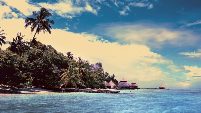 tropical island with overwater bungalows