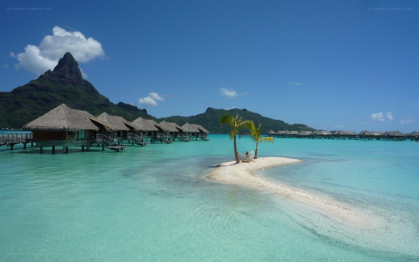 Tropical island with overwater bungalows