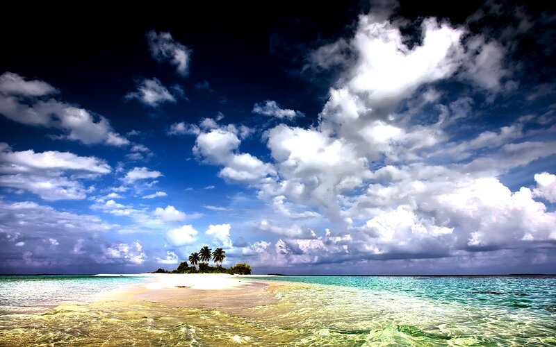 Tropical Island with Palm Trees — Blue, Dramatic, Afternoon, Photograph, Palm Trees