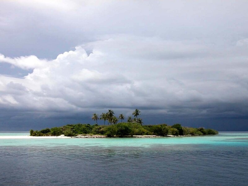 Tropical Island with Palm Trees — Blue, Dramatic, Photograph, Palm Trees, Clouds, Ocean, Green, Gray