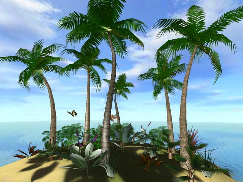 Tropical Island with Palm Trees — Blue, Serene, Afternoon, 3d Render, Palm Trees, Butterfly