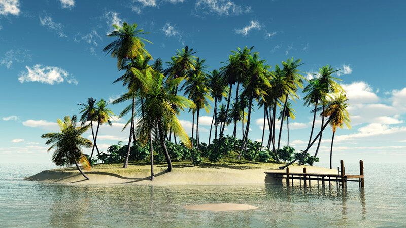 Tropical Island with Palm Trees — Blue, Serene, Afternoon, 3d Render, Palm Trees, Dock, Ocean