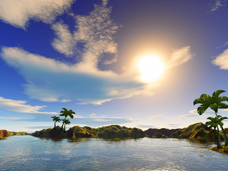 Tropical Island with Palm Trees — Blue, Serene, Afternoon, 3d Render, Palm Trees, Mountains