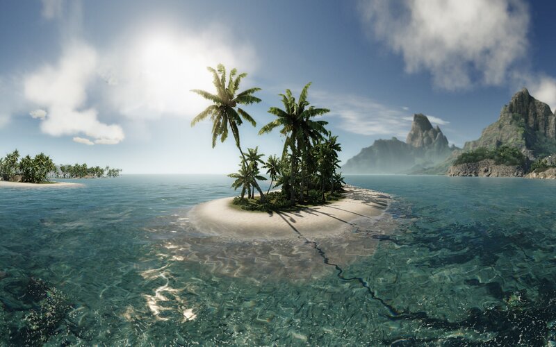 Tropical Island with Palm Trees — Blue, Serene, Afternoon, 3d Render, Palm Trees, Ocean, Mountains, Sky
