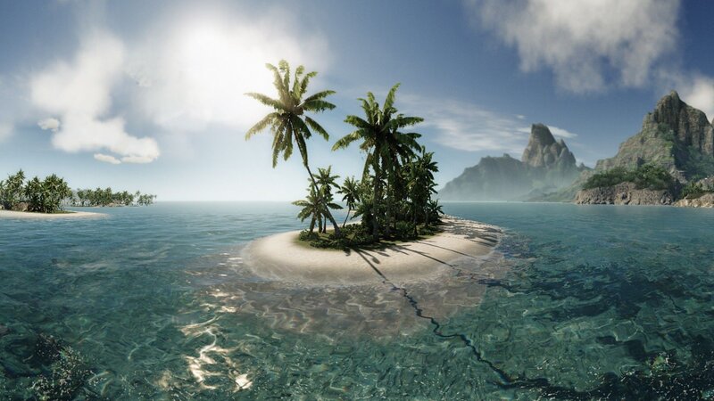 Tropical Island with Palm Trees — Blue, Serene, Afternoon, 3d Render, Palm Trees, Ocean, Mountains