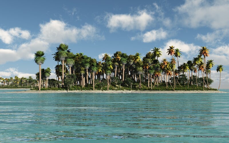 Tropical Island with Palm Trees — Blue, Serene, Afternoon, 3d Render, Palm Trees, Ocean, Sky, Clouds