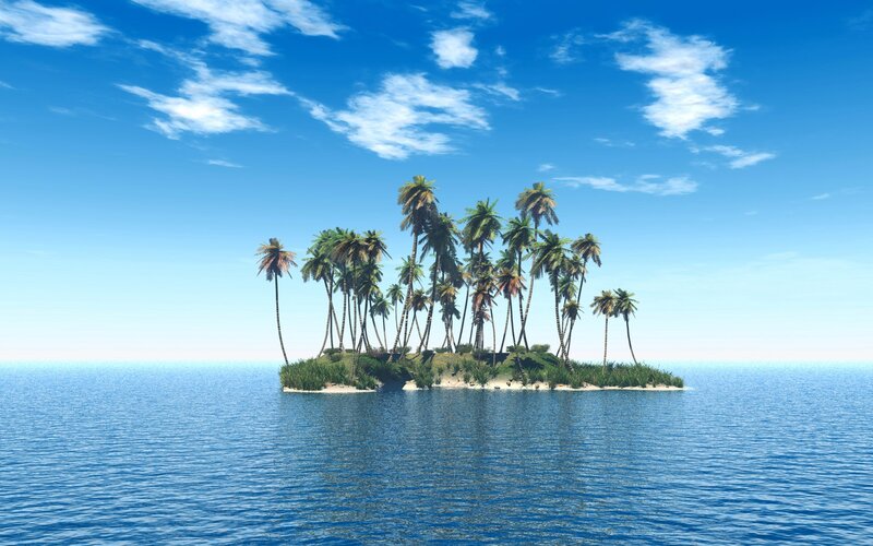 Tropical Island with Palm Trees — Blue, Serene, Afternoon, 3d Render, Palm Trees, Ocean, Sky, Green, White