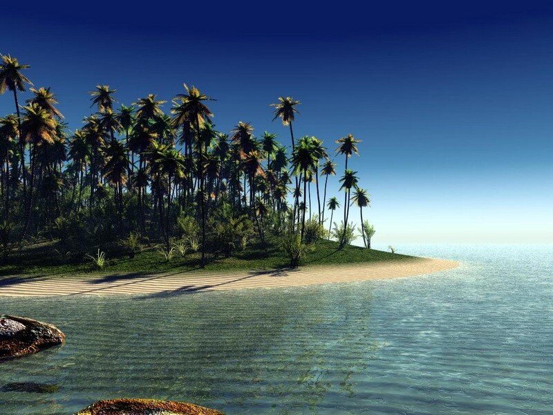 Tropical Island with Palm Trees — Blue, Serene, Afternoon, 3d Render, Palm Trees, Sand, Ocean, Sky, Green