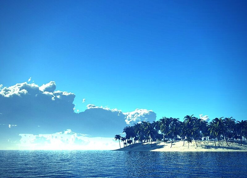 Tropical Island with Palm Trees — Blue, Serene, Afternoon, Digital Art, Ocean, Sky, Clouds