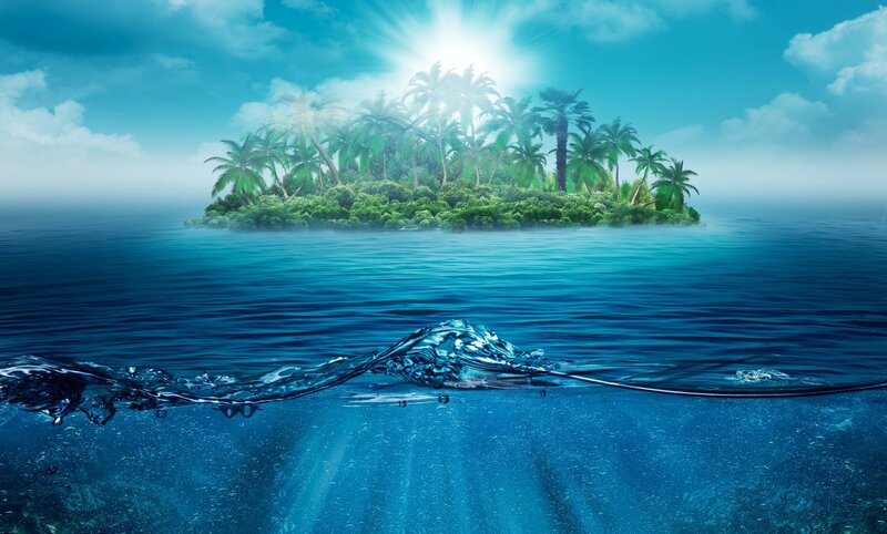 Tropical Island with Palm Trees — Blue, Serene, Afternoon, Digital Art, Ocean, Sky