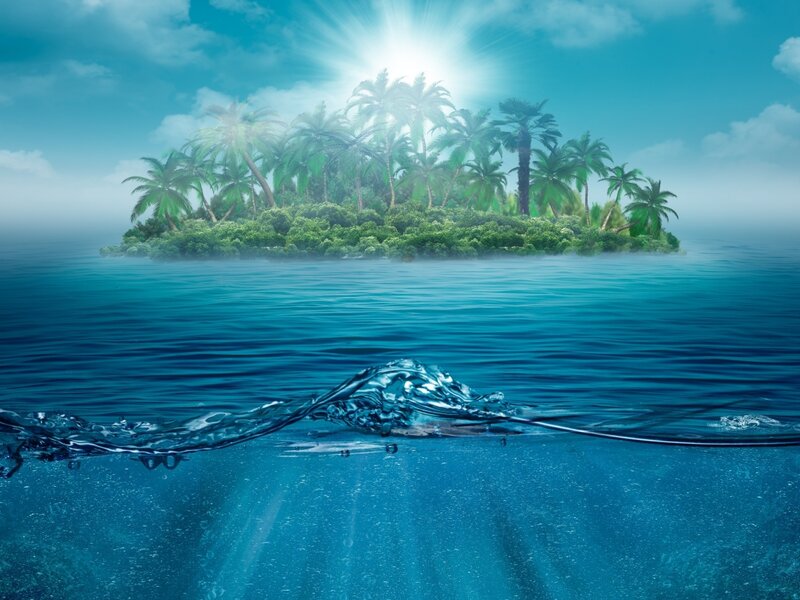 Tropical Island with Palm Trees — Blue, Serene, Afternoon, Digital Art, Ocean