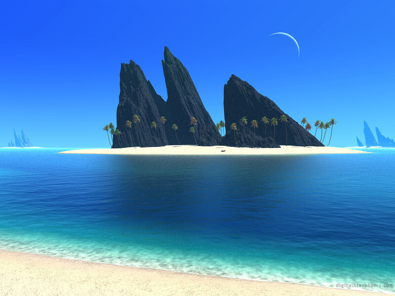 Tropical Island with Palm Trees — Blue, Serene, Afternoon, Digital Art