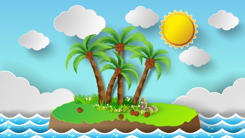 Tropical Island with Palm Trees — Blue, Serene, Afternoon, Illustration, Palm Trees