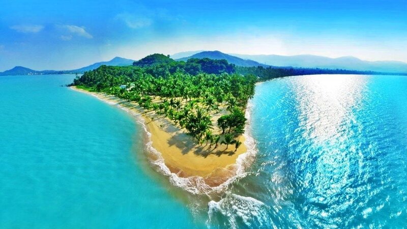 Tropical Island with Palm Trees — Blue, Serene, Afternoon, Photograph, Beach, Ocean, Mountains, Green