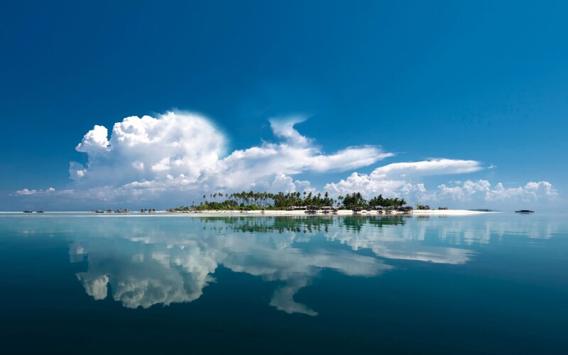 Tropical Island with Palm Trees — Blue, Serene, Afternoon, Photograph, Clouds