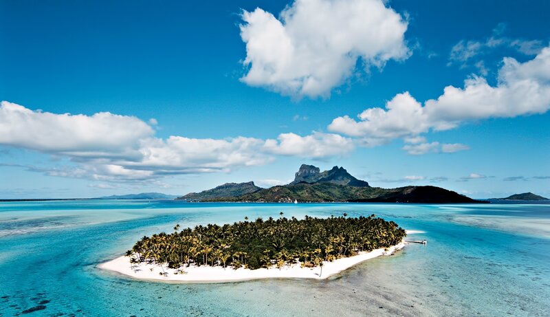 Tropical Island with Palm Trees — Blue, Serene, Afternoon, Photograph, Mountain