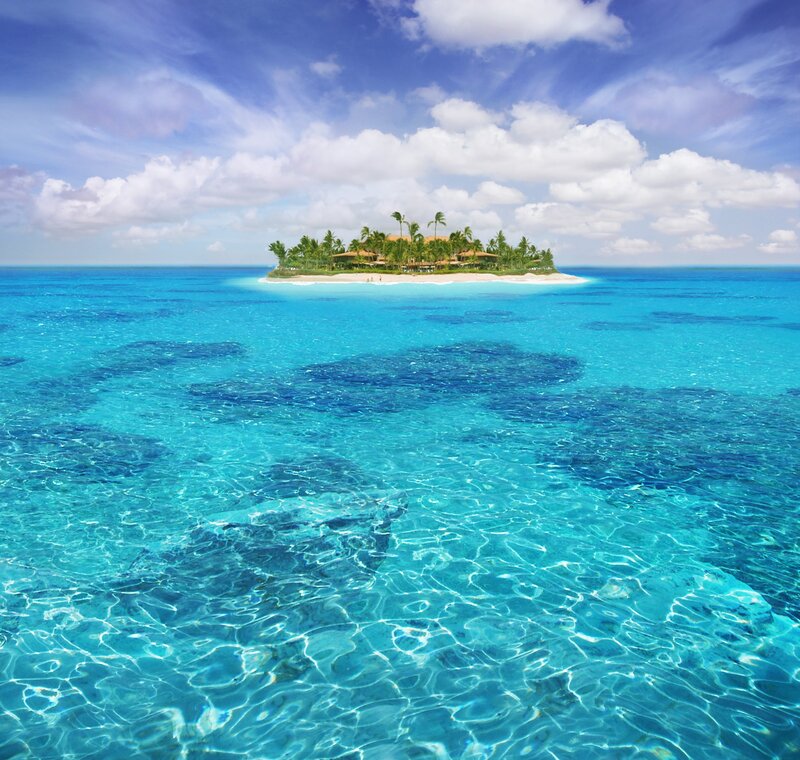 Tropical Island with Palm Trees — Blue, Serene, Afternoon, Photograph, Palm Trees, Beach, Ocean, Clouds, White