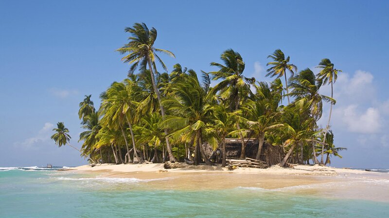 Tropical Island with Palm Trees — Blue, Serene, Afternoon, Photograph, Palm Trees, Sand, Ocean, Hut