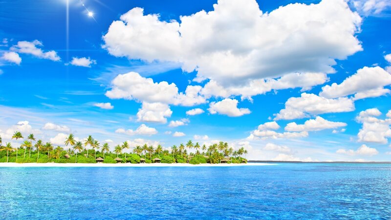 Tropical Island with Palm Trees — Blue, Serene, Afternoon, Photograph, Palm Trees, White Sand, Ocean, Clouds