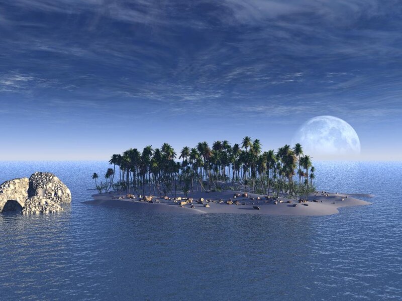 Tropical Island with Palm Trees — Blue, Serene, Night
