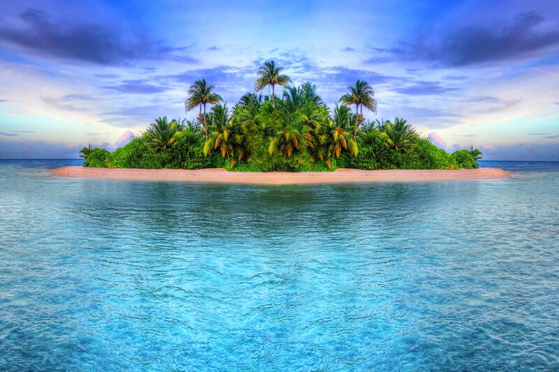 Tropical Island with Palm Trees — Blue, Serene, Sunset