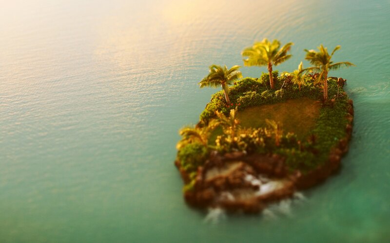 Tropical Island with Palm Trees — Green, Serene, Sunset