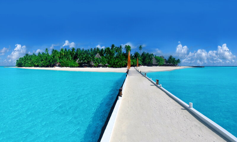Tropical Island with Pier — Blue, Serene, Afternoon, Photograph