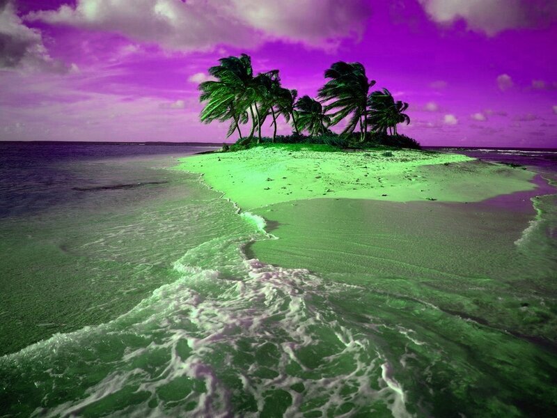 tropical island with purple sky