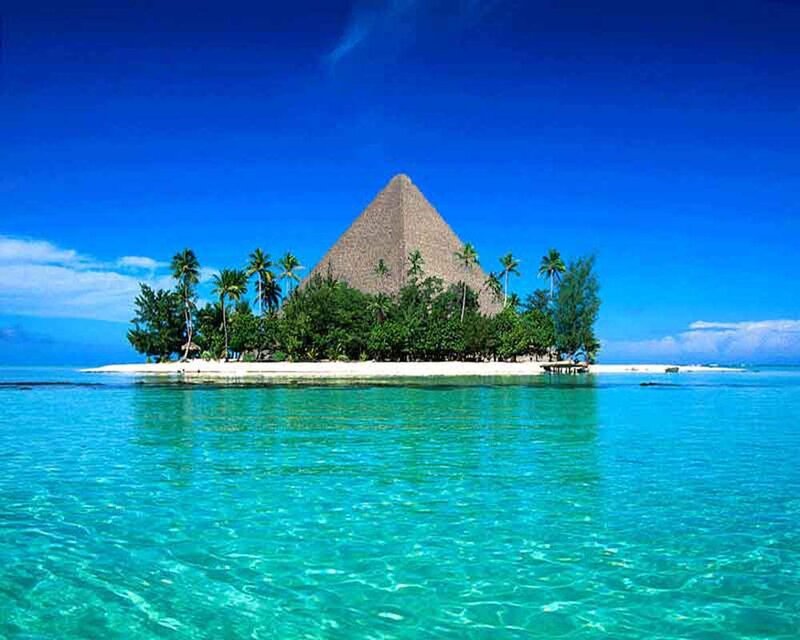tropical island with pyramid hut