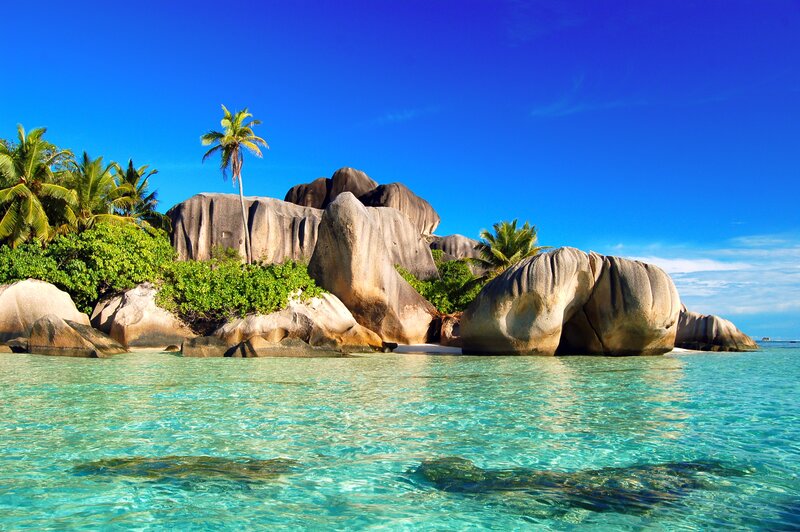 Tropical Island with Rocks — Blue, Serene, Afternoon, Photograph, Palm Trees