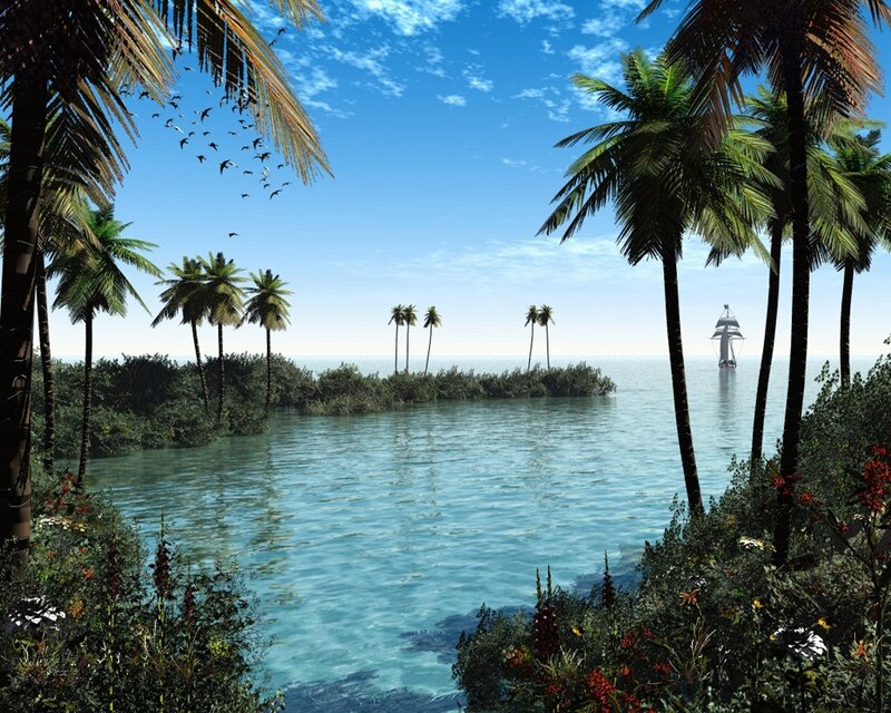 Tropical Island with Sailboat — Blue