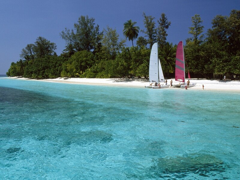tropical island with sailboats